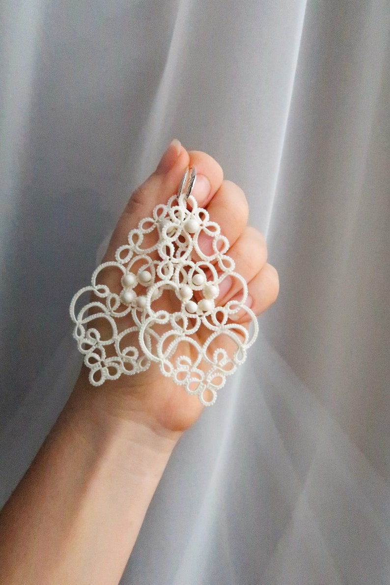 Ivory tatting lace earrings with pearl beads wedding Etsy