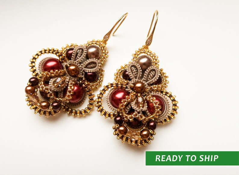 Tatting lace earrings Tatting bohemian earrings Gold lace beaded earrings with red brown and gold pearls Gold pearl evening earrings
