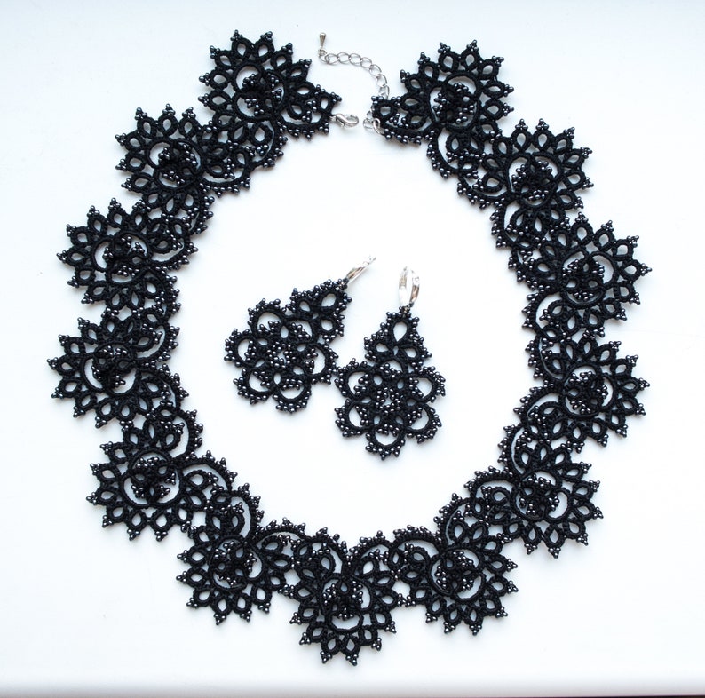 Black lace tatting collar with beads elegant Black collar Etsy