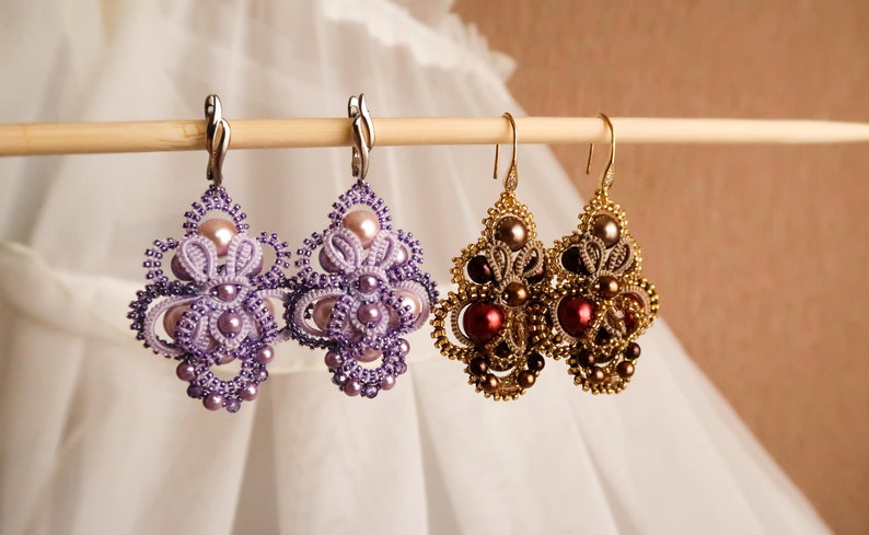 Tatting lace earrings Tatting bohemian earrings Gold lace beaded earrings with red brown and gold pearls Gold pearl evening earrings