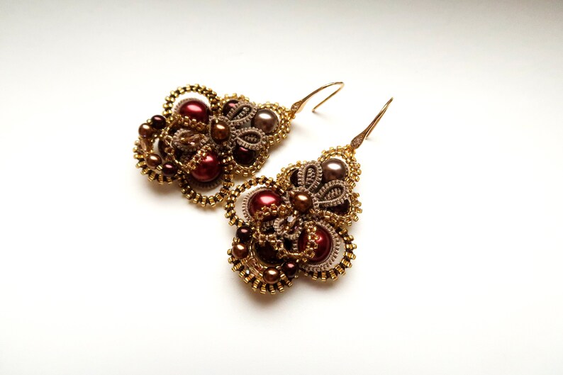 Tatting lace earrings Tatting bohemian earrings Gold lace beaded earrings with red brown and gold pearls Gold pearl evening earrings