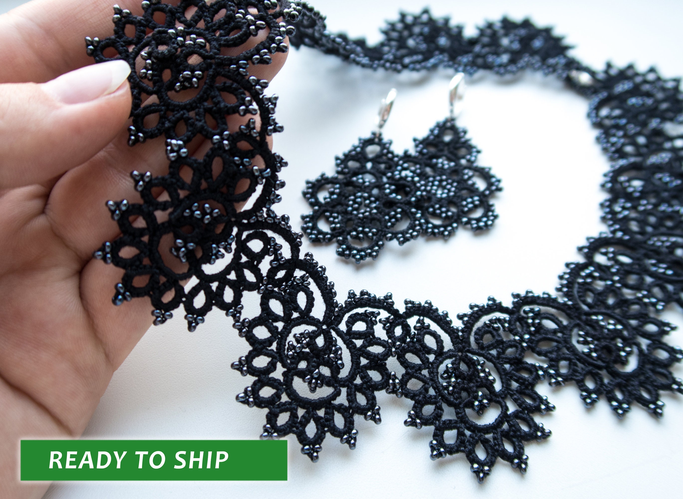 Black lace tatting collar with beads elegant Black collar Etsy