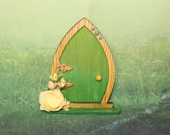 Green and Yellow Flower Small Garden Door Whimsical Magic Miniature Faerie Yard Art Woods Flowers Spring Yard Desk Shelf Fairy Portal