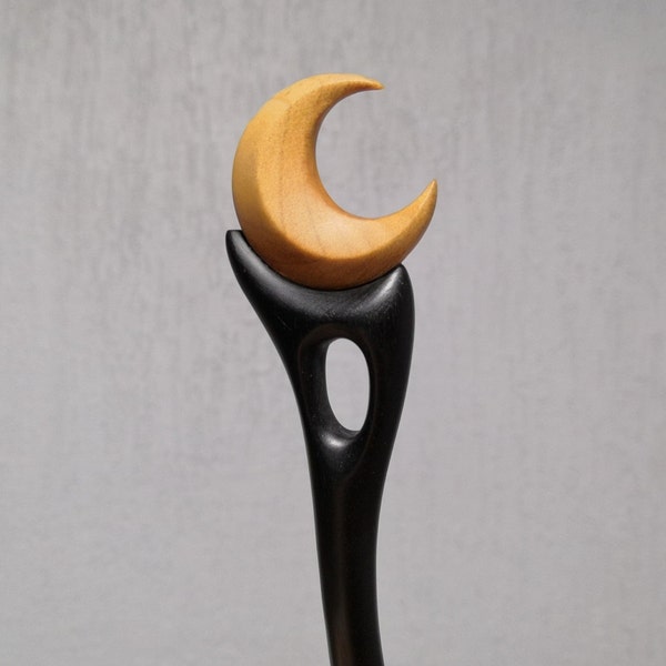 Wooden hair stick with moon. Black hair stick with a crescent moon. Wooden stick for long hair. Gift for women.