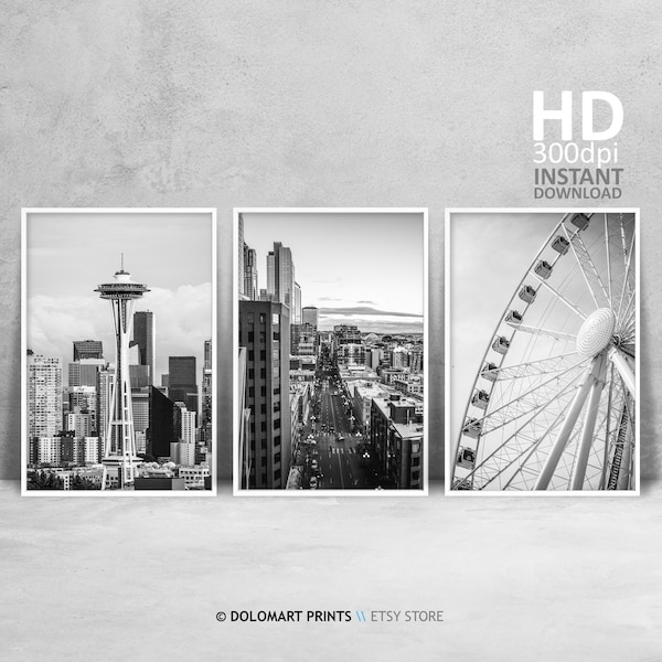 Seattle Architecture Prints Gallery, Set of 3 Prints, Black and White Prints, Seattle Skyline Wall Art Set, Seattle Photo Bundle Gallery