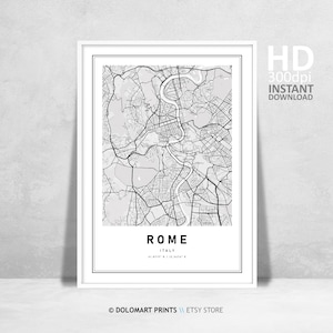 Afdrukbare kaarten Rome Italië, kaart van Rome, afdrukbare kaart met hoge resolutie, modern interieur, kaartgeschenken, cadeau-ideeën, Rome reizen posterkunst