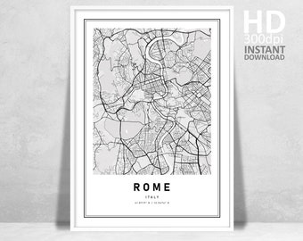 Rome Italy Printable Maps, Map of Rome, High Resolution Printable Map, Modern Home Decor, Map Gifts, Gift Ideas, Rome Travel Poster Art