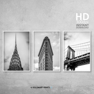 New York Set von Schwarzweißdrucken, Chrysler Building, Bügeleisen, New York druckbare Foto, New York Wandkunst, New York Wand-Dekor-Set