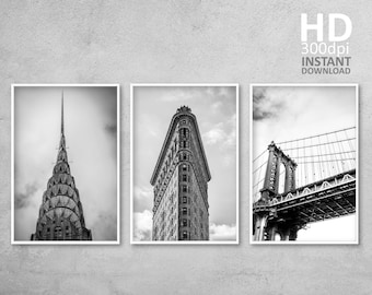 New York City Black & White Landmark Prints, Set of 3 (Digital Download)