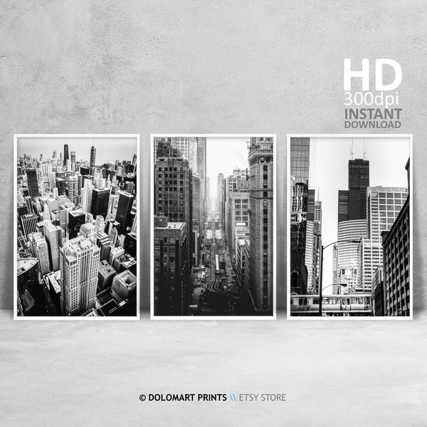 Chicago Architecture Prints Gallery, Set of 3 Prints, Black and White Prints, Chicago Street Photography, Chicago Wall Art Set Photo Bundle