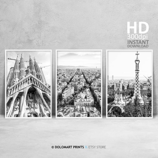 Barcelona Set of 3 Prints, Barcelona Photography Teal Set, Spain Barcelona Black and White Travel Poster Set, Sagrada Familia Gallery Wall