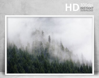 Impression de forêt de montagne brumeuse, art mural nordique minimaliste (téléchargement numérique)