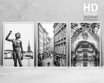 Stockholmsfotografitryck, svartvit arkitektur, set om 3 (digital nedladdning)