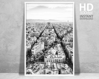 Barcelona Skyline Print, Black and White Sagrada Familia Photography (Digital Download)
