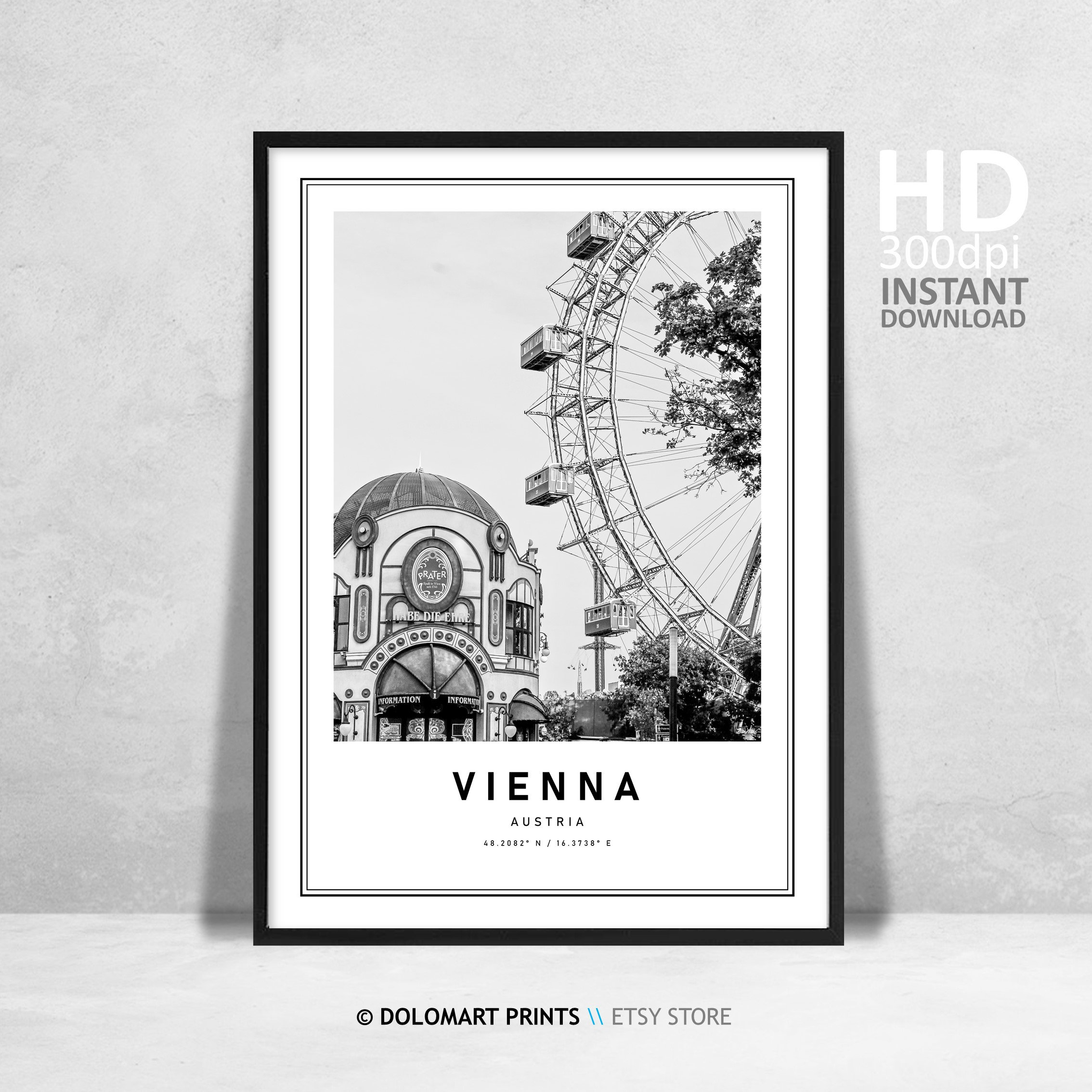 Vienna Austria Travel Poster, Print, Artwork - Wall Poster Printable Travel Black Europe Gift, Art Coordinates Etsy Vienna White and Decor, Vienna