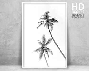 Black and White Palm Tree Photography Print, Tropical Decor (Digital Download)