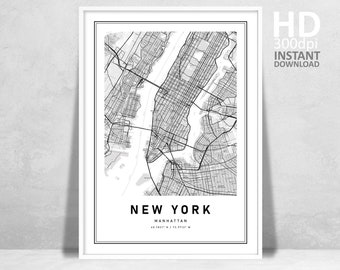 New York Map, Printable Map of New York City, NY Manhattan Map, NYC Poster, Map Prints, Map Gifts, Instant Download High Definition Map Art