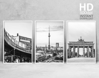 Berlin Set of 3 Black and White Prints, Brandenburg Gate, Berlin Tower, Germany Landmarks Architecture Prints Set, Berlin Travel Poster Set