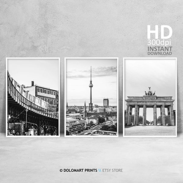 Berlin Set of 3 Black and White Prints, Brandenburg Gate, Berlin Tower, Germany Landmarks Architecture Prints Set, Berlin Travel Poster Set