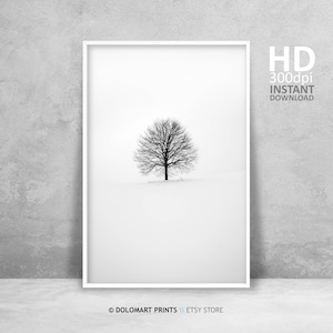 Impression noir et blanc, arbre minimal à imprimer, téléchargement photo arbre d'hiver, affiche moderne, art mural salon moderne, art déco monochrome