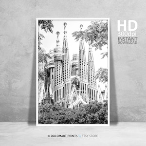 Barcelona Architektura Druk, Sagrada Familia Wall Art, Hiszpania Podróż Plakat, Czarno-biała Fotografia Architektury, Natychmiastowe Pobranie Prezentu