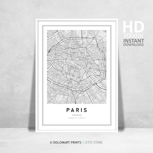 Paris Frankreich druckbare Karten, Karte von Paris, hochauflösende druckbare Karte, modernes Wohndekor, Karte Geschenke, Geschenkideen, Paris Reise Poster