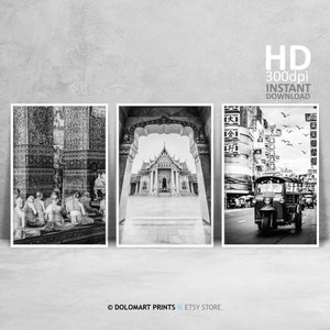 Bangkok Architecture Prints Gallery, Boho Asia Wall Art Decor, Buddhist Monks, Black and White Thailand Poster Set, Printable Travel Poster