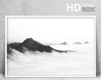 Black and White Mountain Photography Print, Scandinavian Decor (Digital Download)