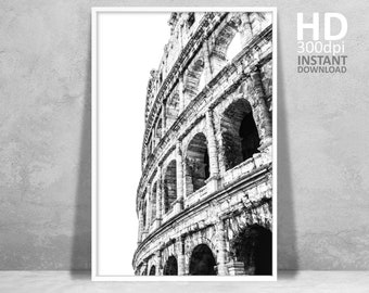 Rome Colosseum Black and White Print, Italy Architecture (Digital Download)