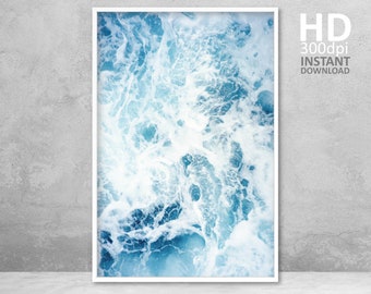 Blue Ocean Wave Print, Minimalist Beach House Art (Digital Download)