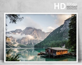 Braies Lake Mountain Photo Print, Alpine Wilderness Art (Digital Download)