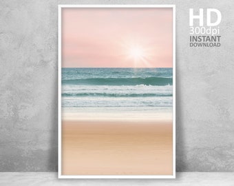 Beach Sunset Print, Blush Pink Ocean Waves (Digital Download)