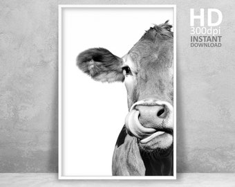 Funny Cow Portrait Print, Farmhouse Animal Art (Digital Download)