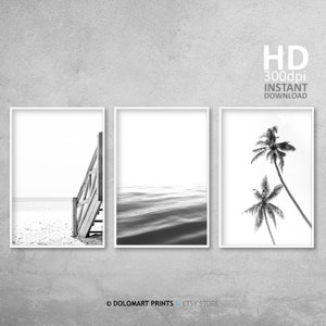 Beach Photography Set, Black and White Wall Art Set, Printable Wall Art Set of 3, Palm Tree Printable Set, Digital Prints Download, Minimal