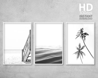 Zestaw czarno-białych zdjęć plażowych, minimalistyczne odbitki palm (do pobrania w wersji cyfrowej)
