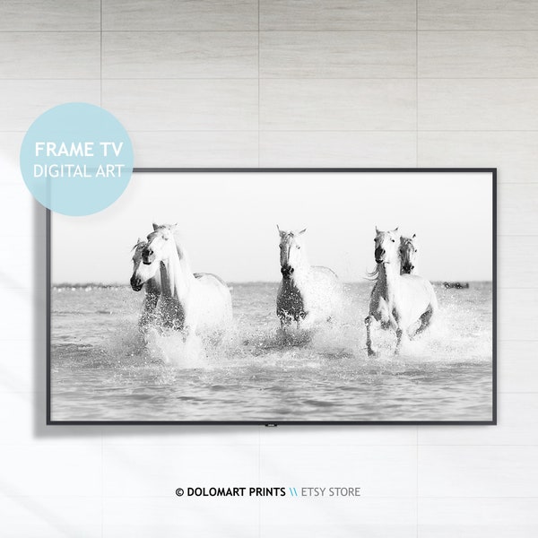 Samsung Frame TV Art, Camargue Horses Running on Beach Water Digital Art for TV Instant Download, Wild Pony Rustic Farmhouse Wall Art Decor
