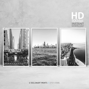 Chicago Architecture Prints Gallery, Set of 3 Black and White Printables, Chicago Street Photography Wall Art Set, Chicago Poster Download