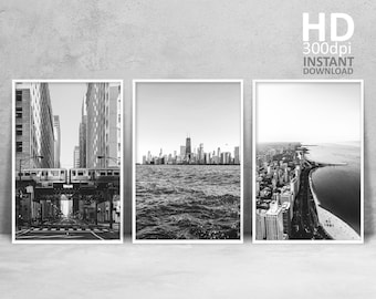 Chicago Wall Art Print Set, zwart-wit architectuurfotografie, afdrukbare galerijmuur