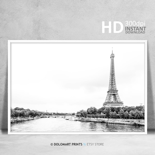 Paris Eiffel Tower Photography Print, Black and White Architecture (Instant Download)