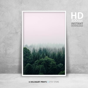 Große Wand Kunst Wald Druck, Minimal Poster, Minimal Grün Wald Druck, Digitaldruck Bäume, Minimal Poster Download, Neblige Wald Bäume