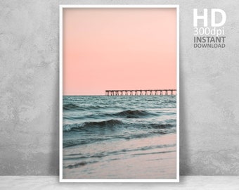Pink Sunset Beach Print, Coastal Photography, Sea Poster (Digital Download)
