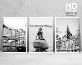 Svartvita fotografitryck från Köpenhamn, danska landmärken (digital nedladdning)
