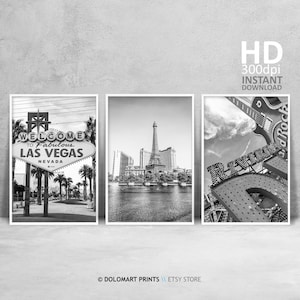 Las Vegas Set di 3 stampe, stampe Nevada in bianco e nero, arte murale Hard Rock di Las Vegas, cartello Faboulous Las Vegas, set di 3 poster di viaggio