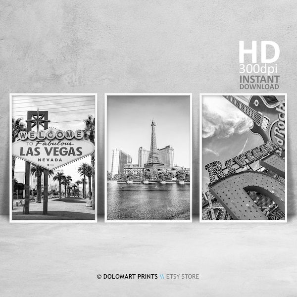 Las Vegas Set of 3 Prints, Black and White Nevada Prints, Las Vegas Hard Rock Wall Art, Faboulous Las Vegas Sign, Travel Poster Bundle 3 Set