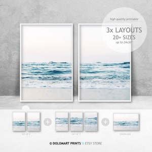 Set Of 2 Beach Prints, 2 Piece Coastal Wall Art, Ocean Print, Beach Wall Decor, Coastal Printable Wall Art, Blue and White Minimal Wall Art