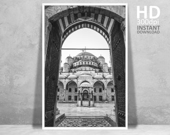 Istanbul Blue Mosque Print, Black and White Photography (Digital Download)