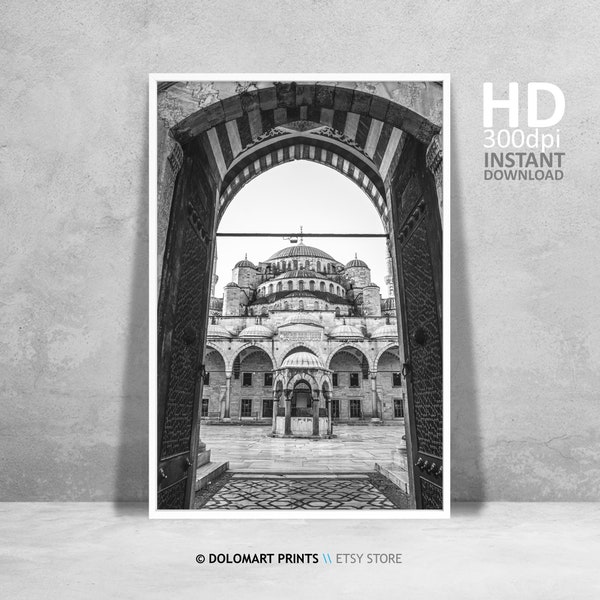 Impression d'architecture d'Istanbul, art mural d'Istanbul, affiche de voyage en Turquie, photographie en noir et blanc, mosquée musulmane déco bohème rétro imprimable