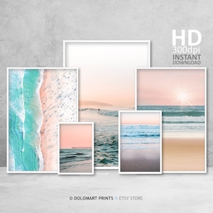 Blush Pink Beach Wall Art Set of Prints, Rustic Home Decor Prints Set, Peach Color Wall Art, Digital Download Set, Ocean Prints Set, Coastal