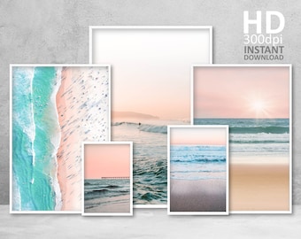 Blush Pink Beach Prints Set, Coastal Wall Art (Digital Download)