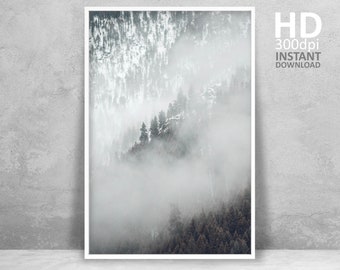 Minimalist Misty Forest Print, Black and White Landscape Wall Art (Digital Download)